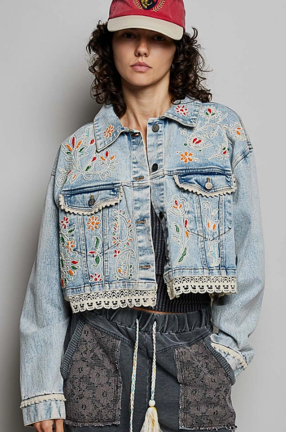 Floral Boho Beaded Embroidered Cropped Denim Jacket | Lynda's Wardrobe